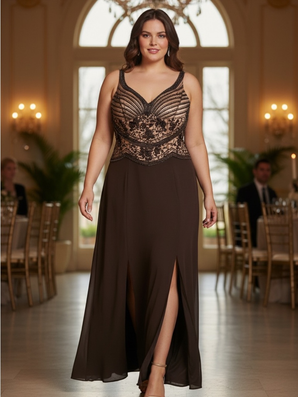 Montage by Mon Cheri Beaded Dark Brown Evening Gown